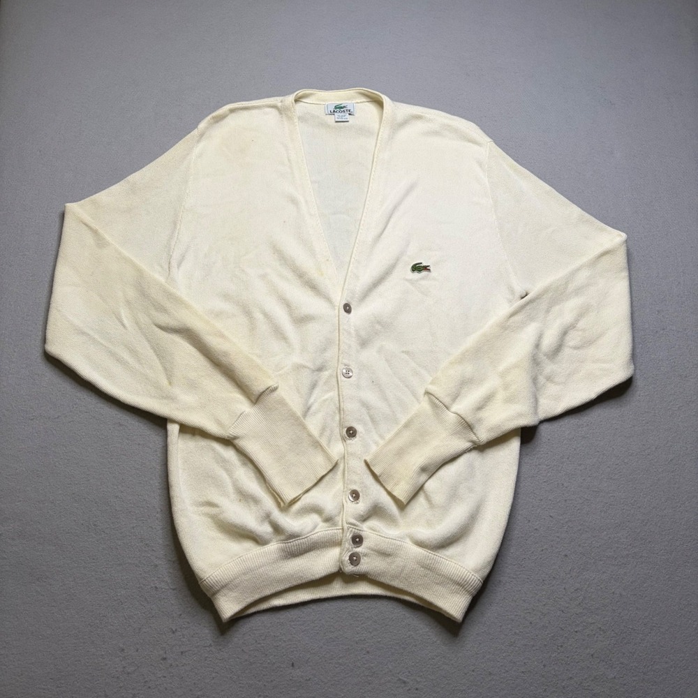 Lacoste Cardigan Mens L Cream Vintage 80s‎ Cotton Knit Button Up Made in USA